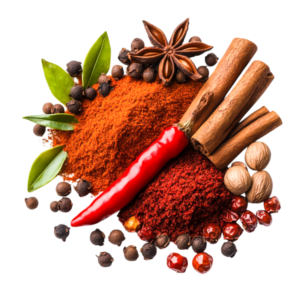 Vibrant Collection of Spices Including Chili Pepper, Cinnamon Sticks and Star Anise png
