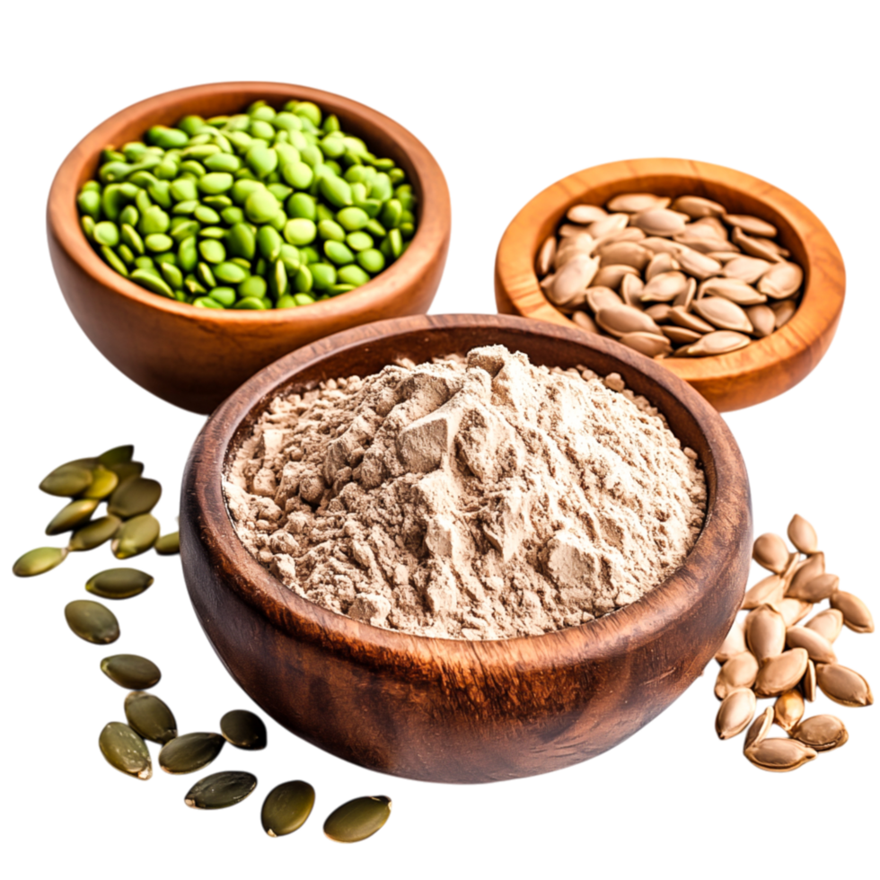 Varieties of Healthy Seeds and Flour in Wooden Bowls on Bright Background png