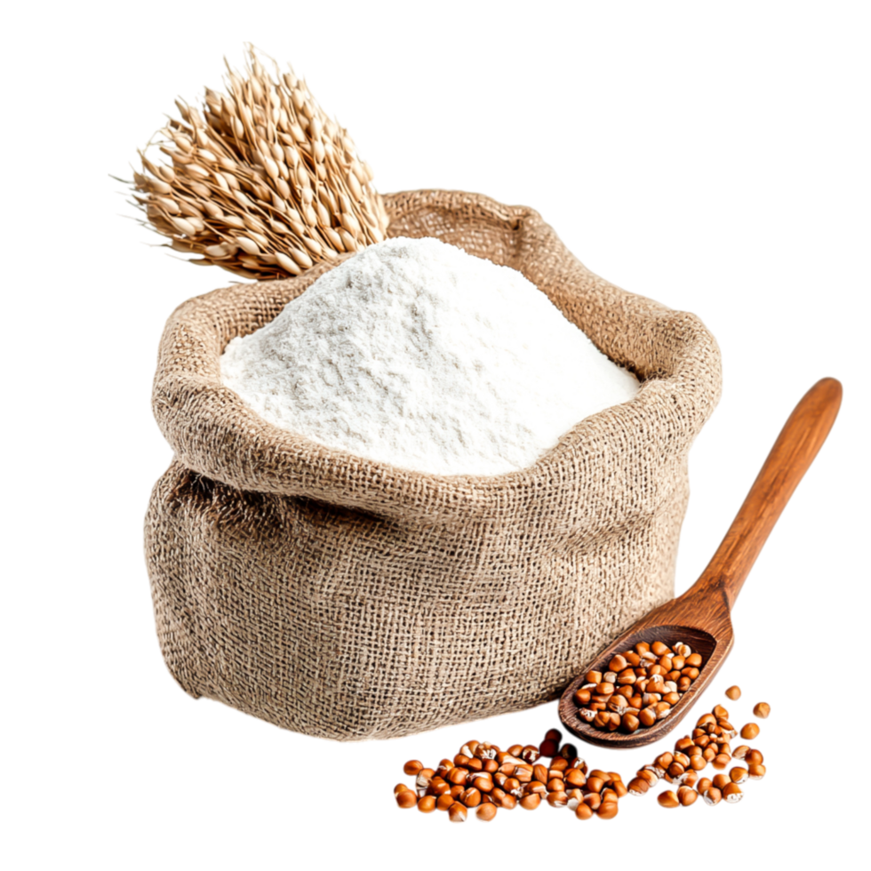 White Flour in Natural Burlap Bag with Grain and Spoon on png