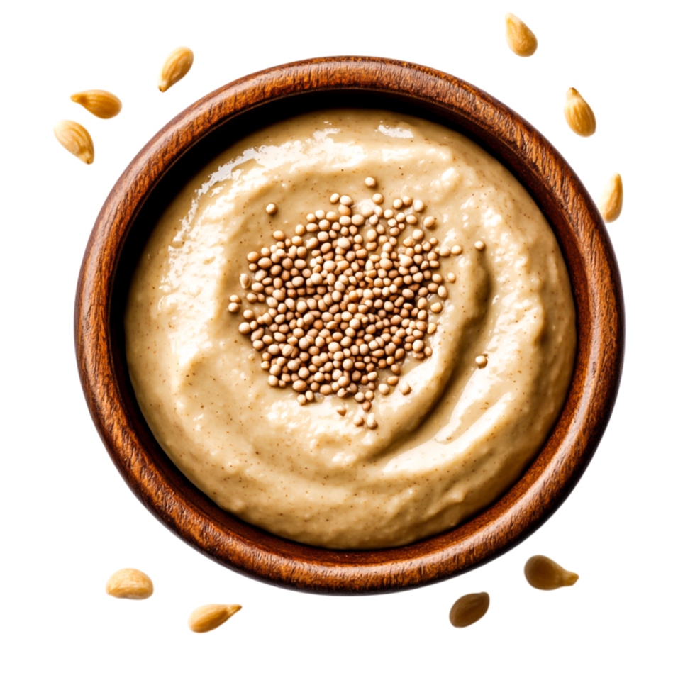 Creamy Tahini Paste with Sesame Seeds in Wooden Bowl and Seeds Around It png
