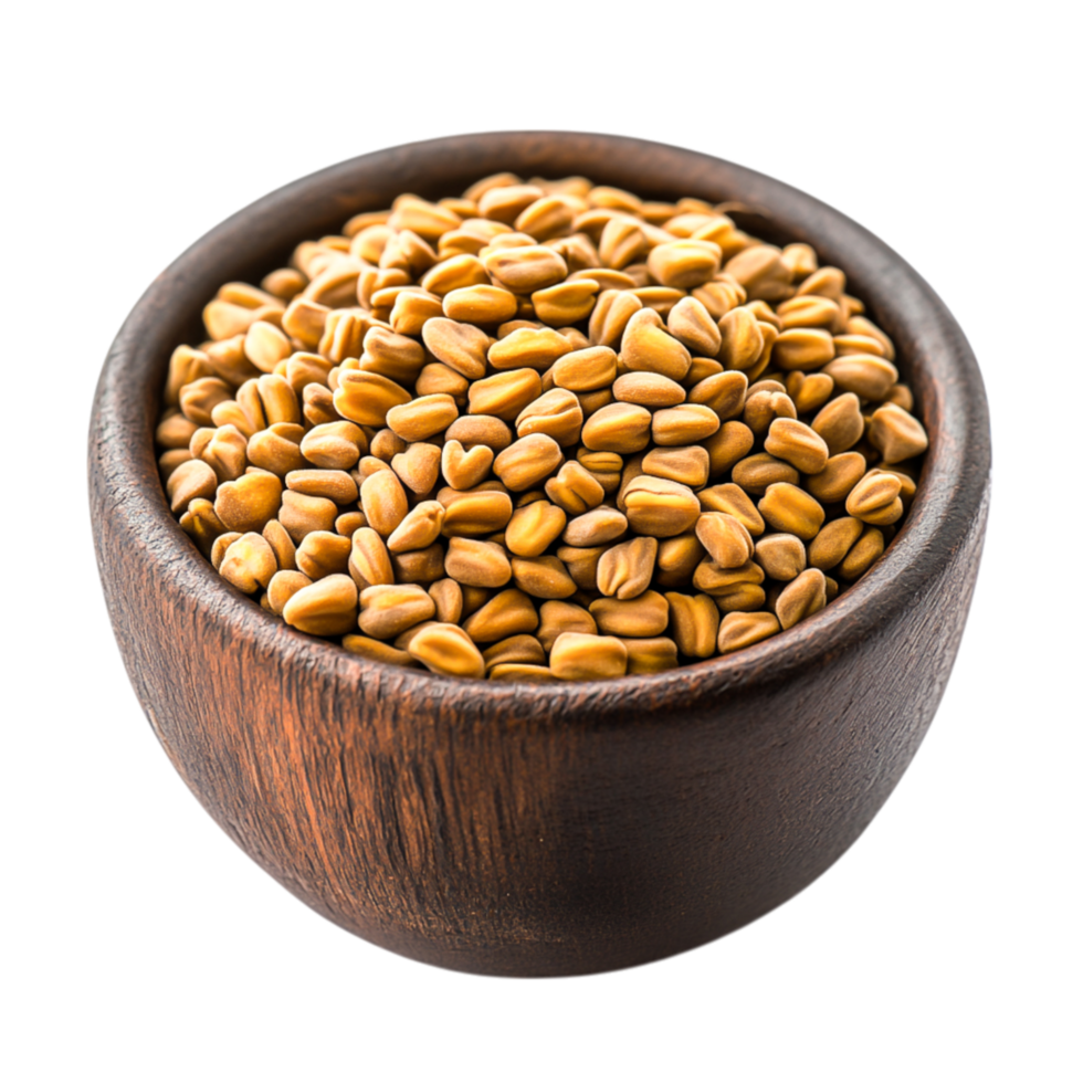 Yellow fenugreek seeds in a wooden bowl for culinary and health uses png