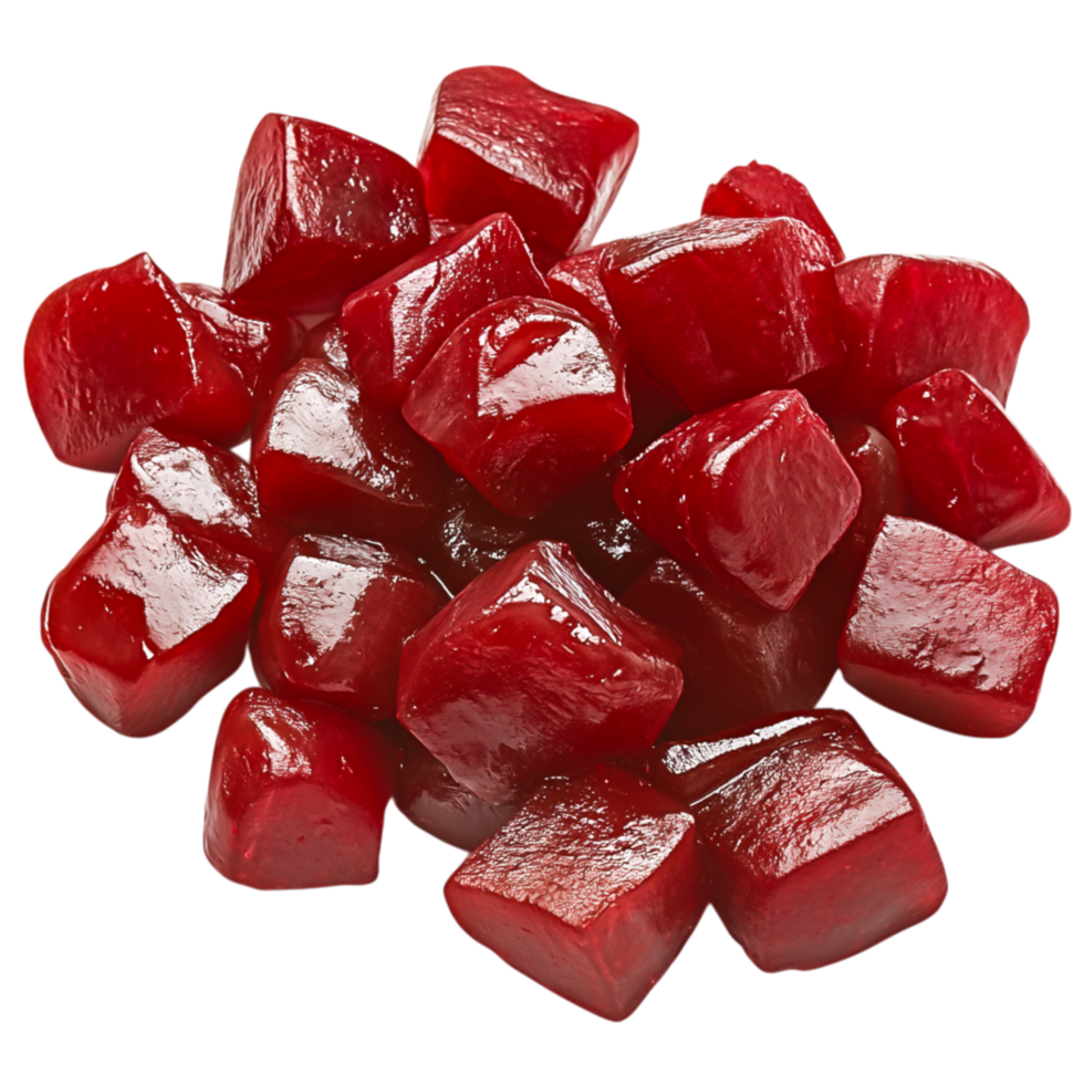 Red Gelatin Cubes in a Pile with Shiny Surface Ideal for Dessert Presentation png
