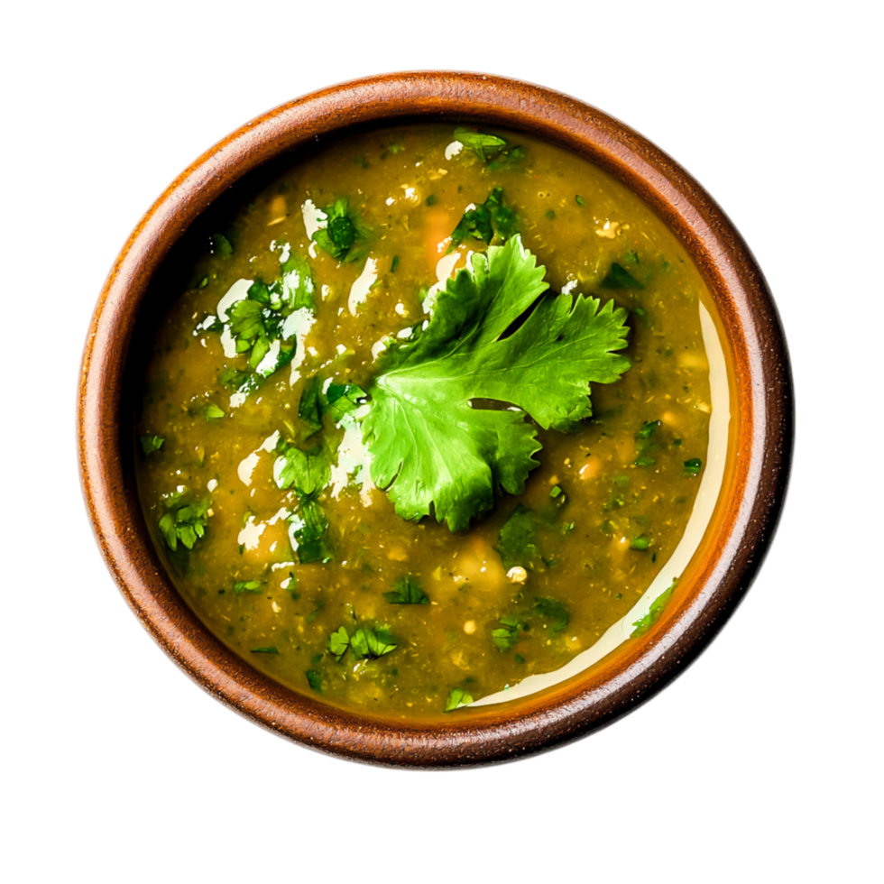 Fresh Green Smooth Soup with Herbs and Spices in a Rustic Bowl png