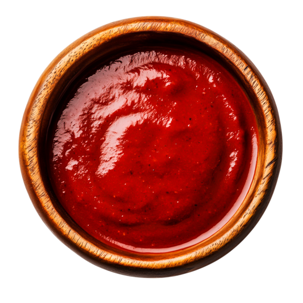 Fresh Tomato Sauce in Wooden Bowl with Rich Red Color and Smooth Texture png