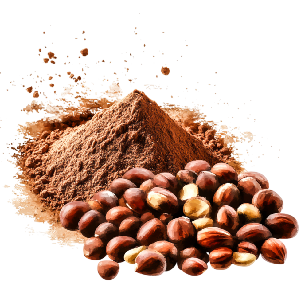Freshly Ground Cocoa Powder and Raw Cocoa Beans on Bright Background for Culinary Use png