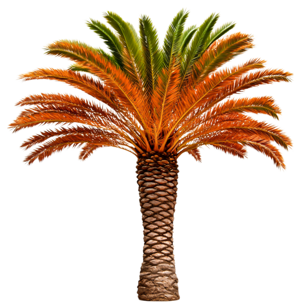 Lush Palm Tree with Vibrant Green and Orange Fronds in Sunny Tropical Environment png