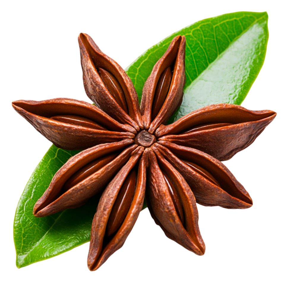 Star anise spice with green leaf on showcasing natural beauty png
