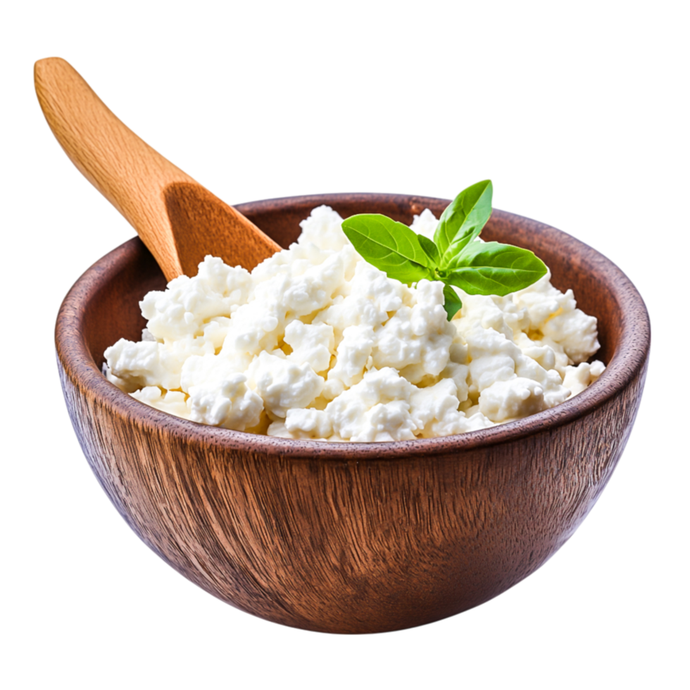 Fresh Cottage Cheese in Wooden Bowl with Spond Green Leaf Decoration png