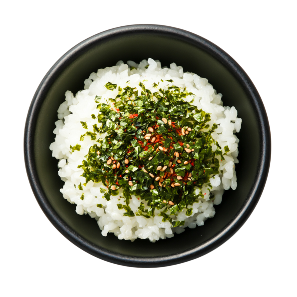 Fresh White Rice Topped with Seaweed, Sesame Seeds, and Spices in Bowl png