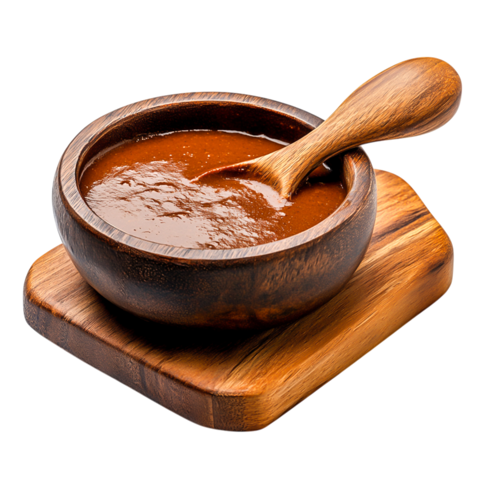 Rich and Smooth Chocolate Sauce in Wooden Bowl with Wooden Spoon on Rustic Board png