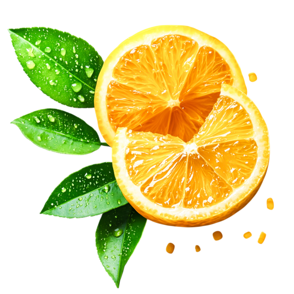 Fresh Orange Slice with Green Leaves and Water Droplets png