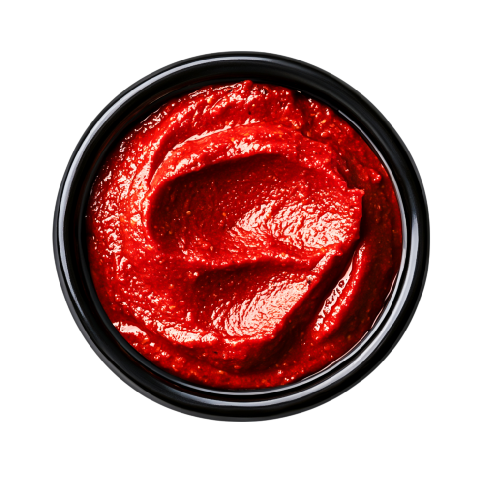 Vibrant Red Condiment in Elegant Black Bowl on Clean png
