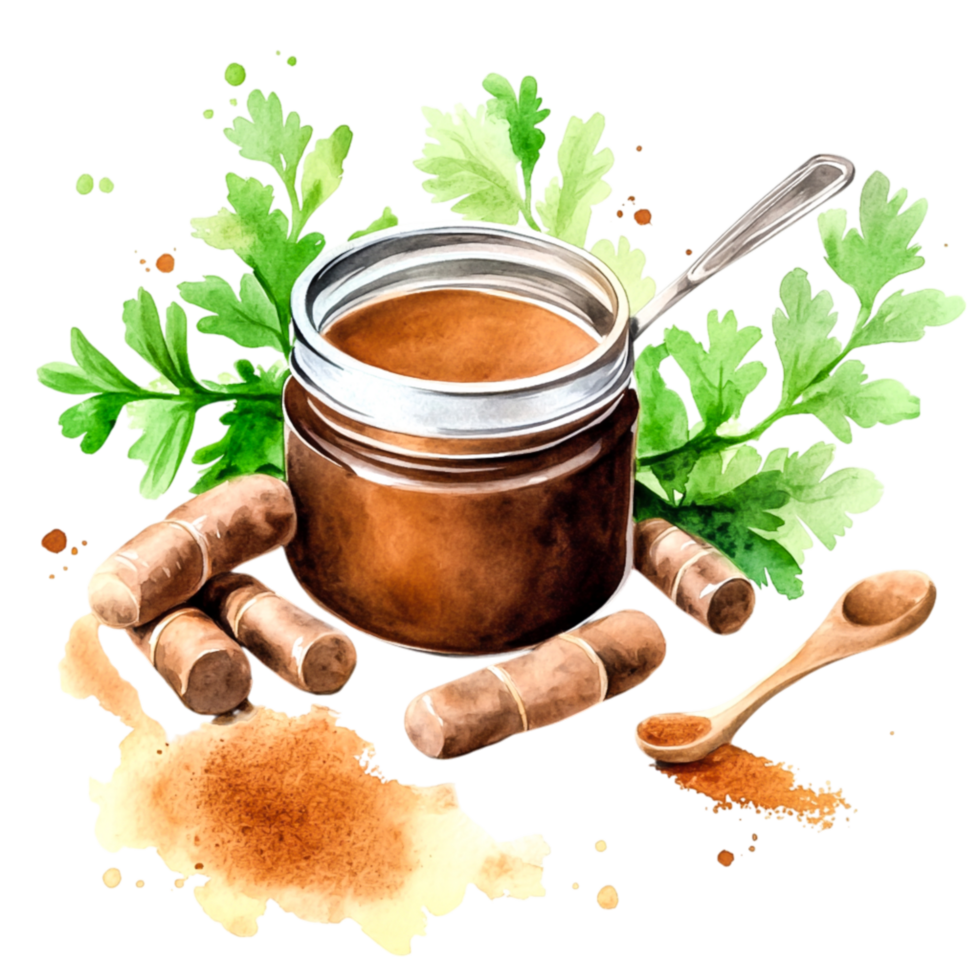 Fresh Herbs and Spices in a Glass Jar with Wooden Spoon Rustic Background png