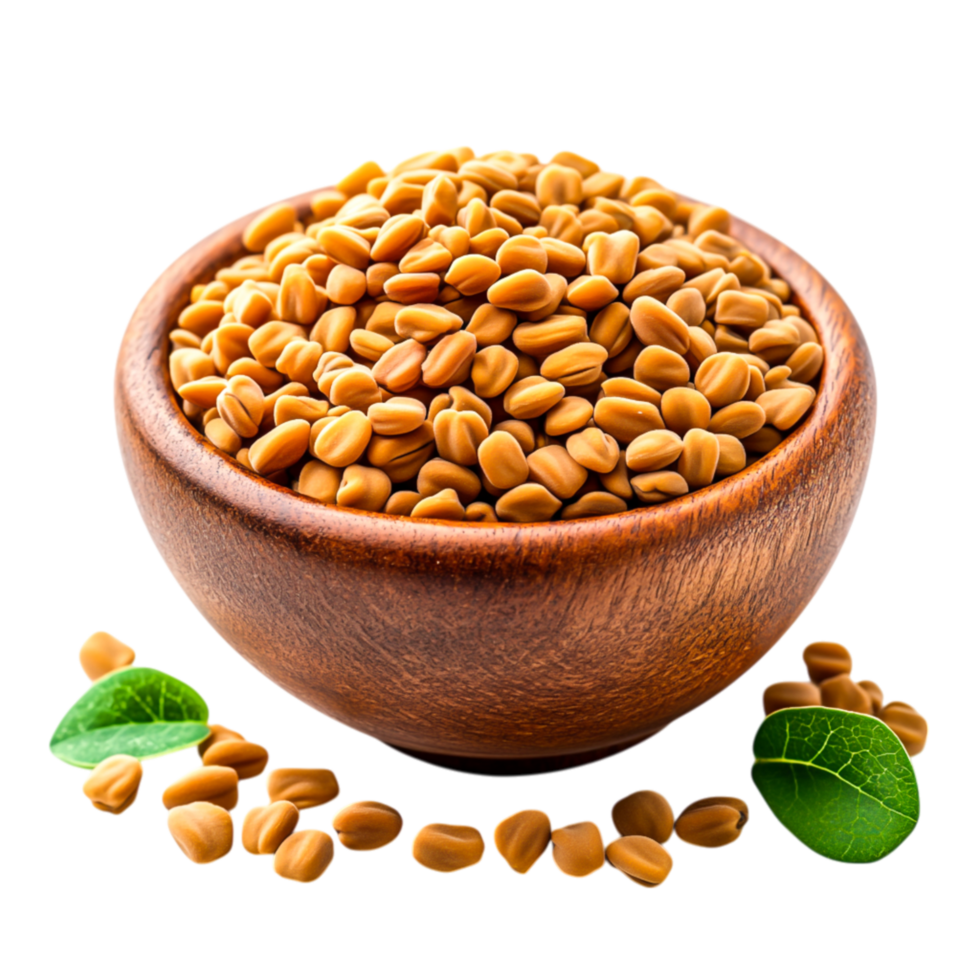 Bowl of Raw Brown Seeds with Green Leaves png