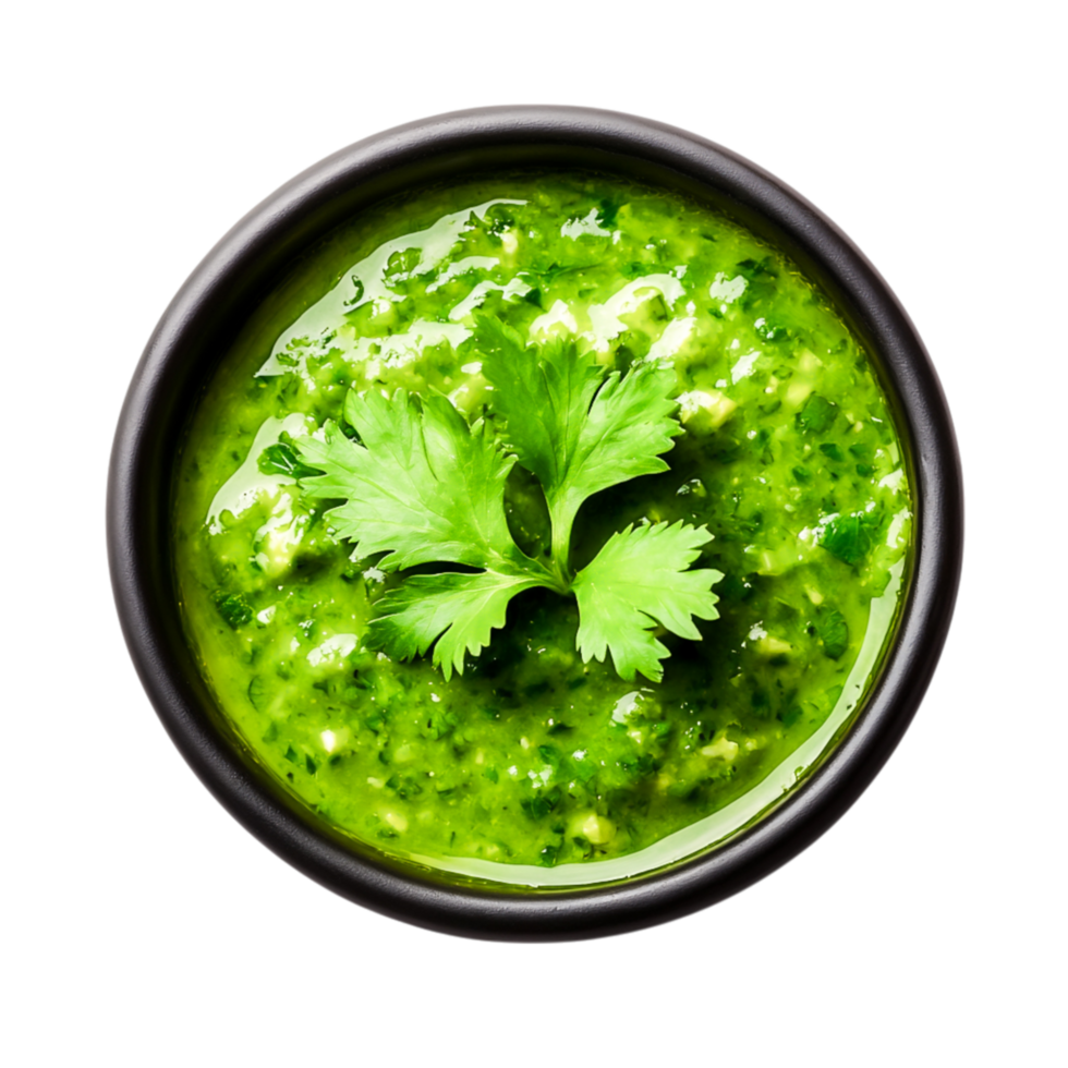 Fresh Green Cilantro Sauce in Black Bowl with Vibrant Herbs on png