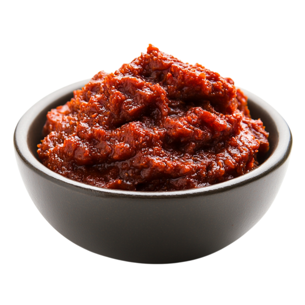 Rich and Spicy Chili Paste in a Black Bowl png