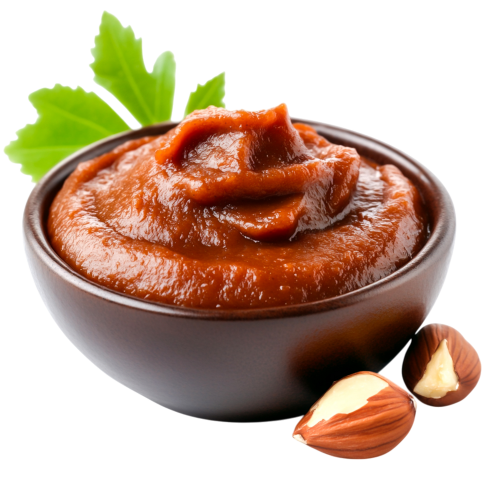 Creamy Nutty Sauce in a Bowl with Fresh Green Leaves and Hazelnuts on png