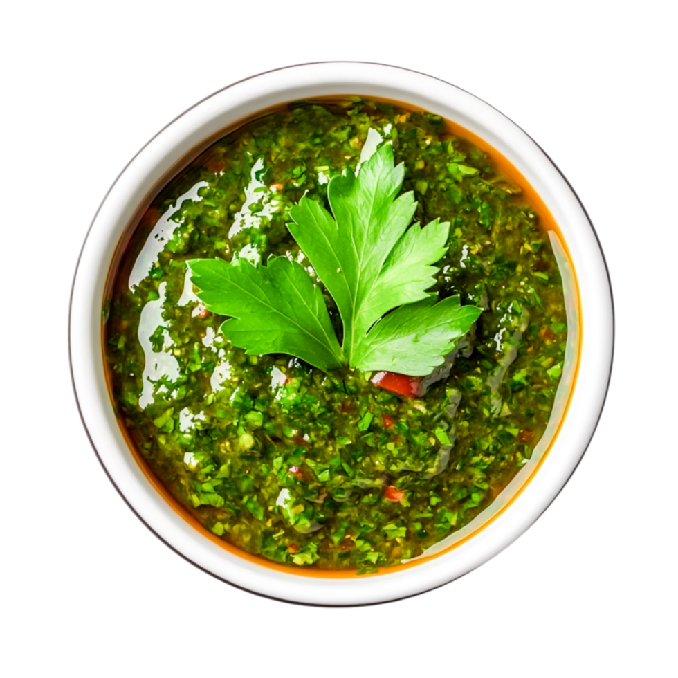 Fresh Homemade Green Sauce with Herbs and Olive Oil in White Bowl Background png