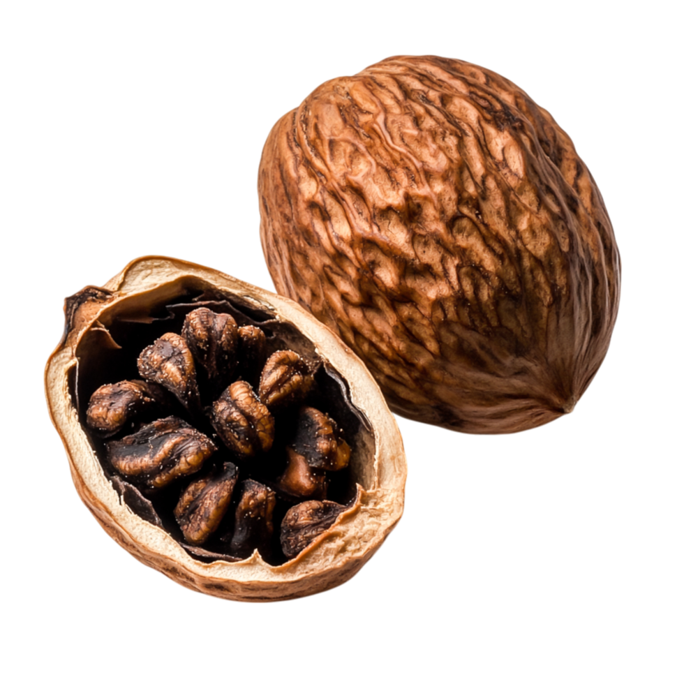 Detailed closeup of an Open Walnut Shell with Dark Brown Edible Seed Inside png