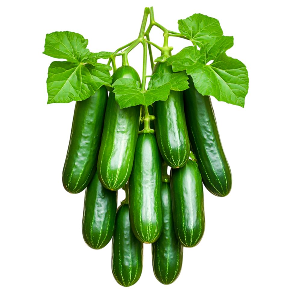 Fresh Green Cucumbers Harvested with Lush Leaves Vine Against png