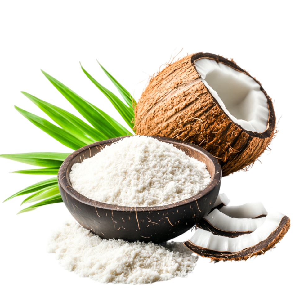 Fresh Coconut Ingredients with Coconut Shell and Coconut Flakes on png