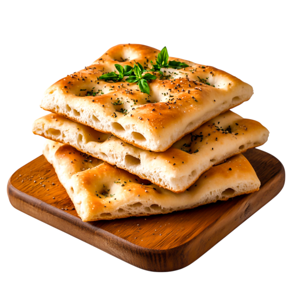 Delicious freshly baked bread wooden board with herbs on top png