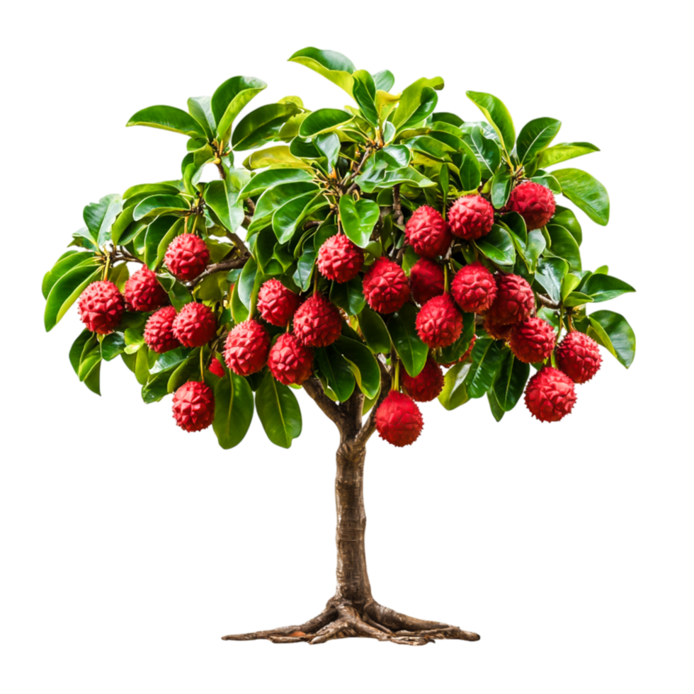 Vibrant Lychee Tree with Lush Green Leaves and Abundant Red Fruit Ready for Harvest png