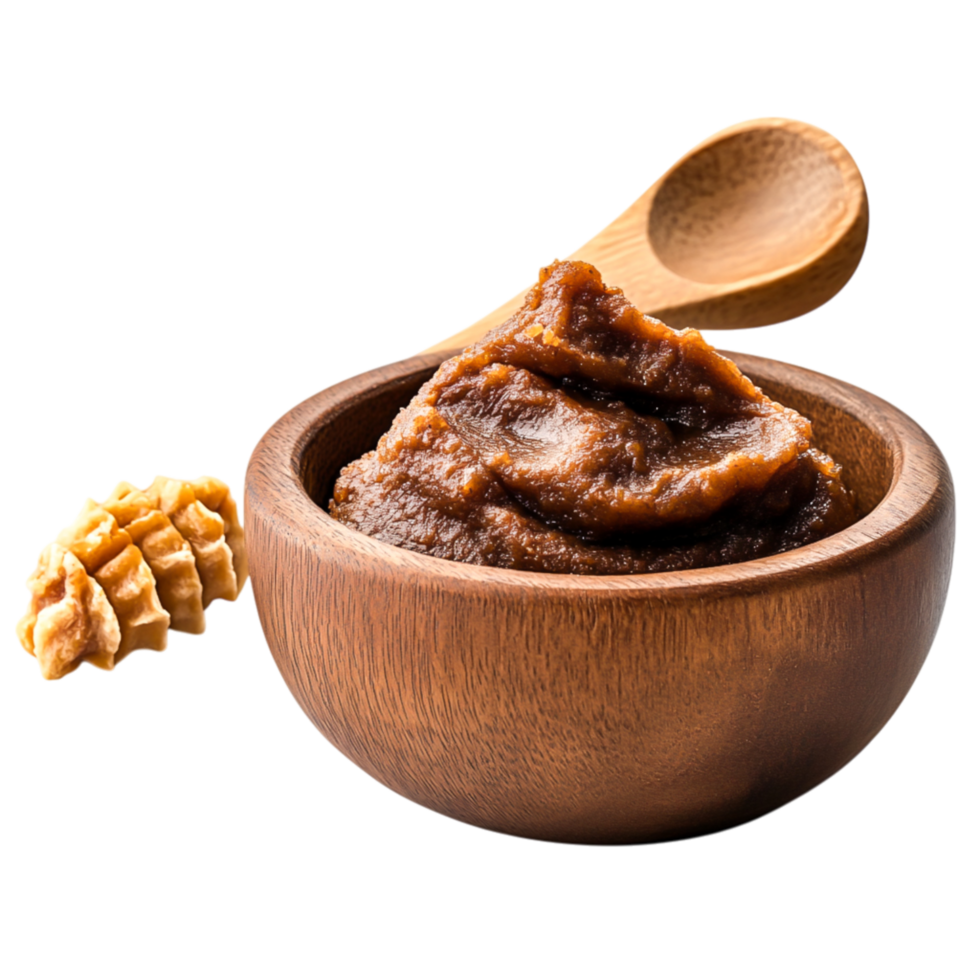 Creamy Brown Paste in Wooden Bowl with Spond Nuts on png