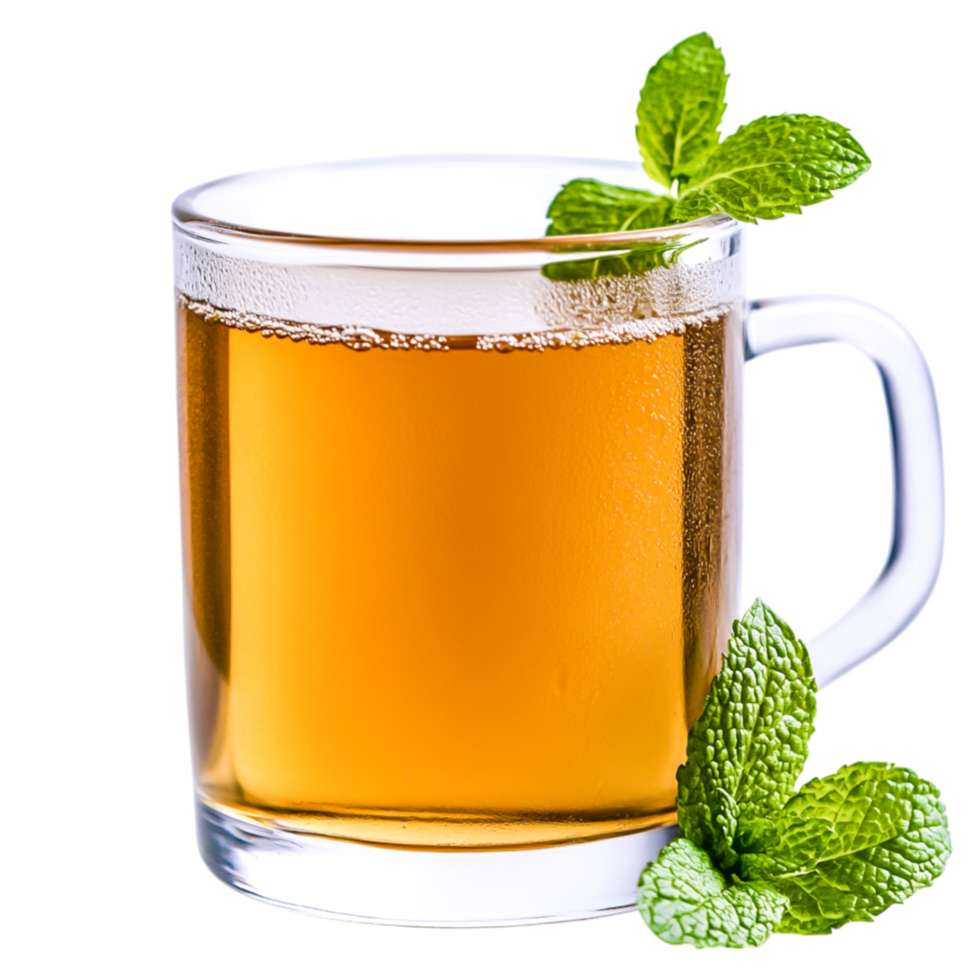 Refreshing Glass of Cold Herbal Tea with Fresh Mint Leaves and Ice Cubes png