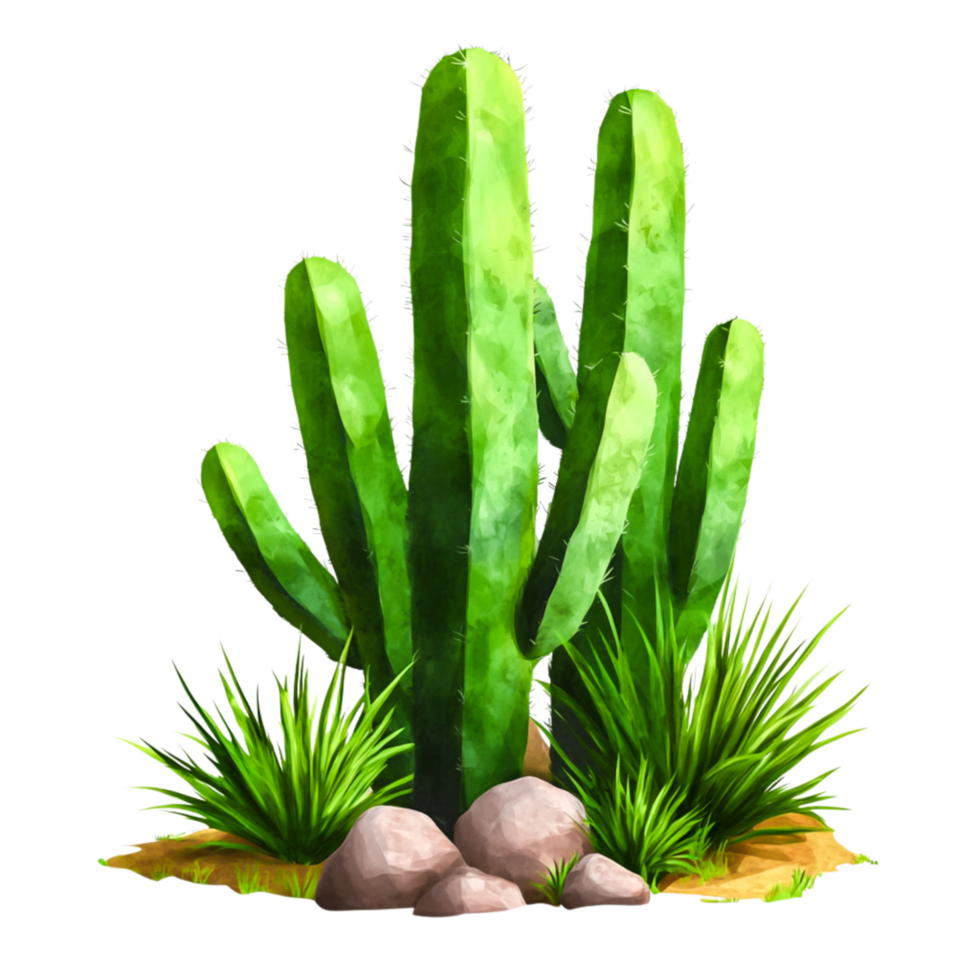 Lush Green Cactus Plant Surrounded by Vibrant Grass and Stones in Desert Landscape png