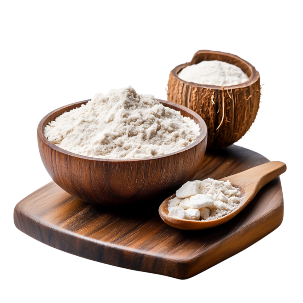 Natural Organic Flour in Wooden Bowl and Spoon on Rustic Wooden Board Top View png