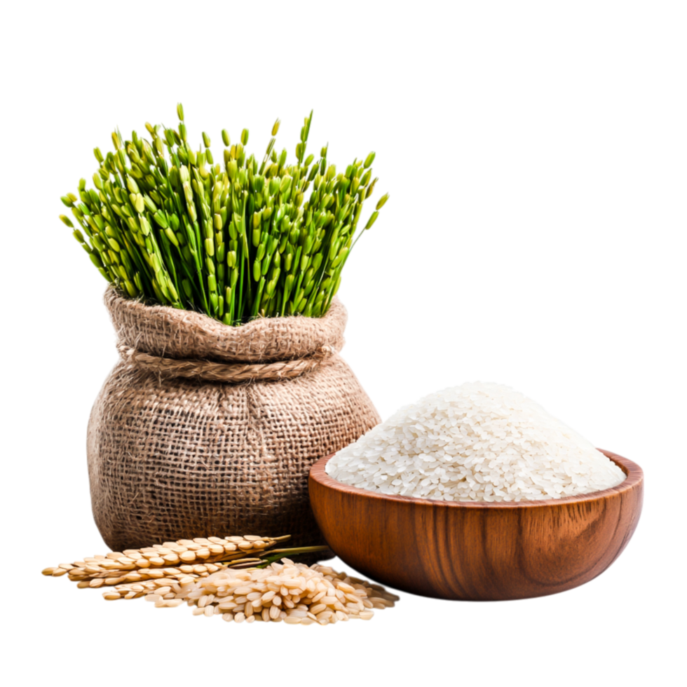 Fresh Rice Plant with Harvested Grains and Bowl of White Rice in Natural Setting png