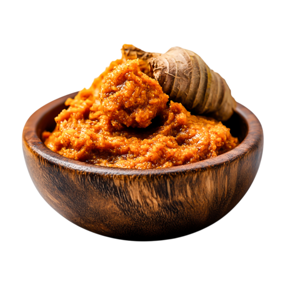 Organic Spicy Sauce in Wooden Bowl with Culinary Ingredient and Rustic Background png