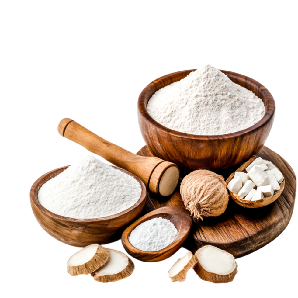 Diverse Collection of Natural Ingredients for Baking and Cooking in Wooden Bowls png