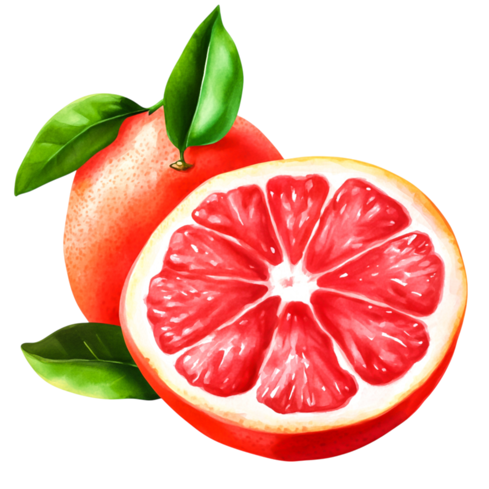 Fresh Grapefruit Slices with Green Leaves on Artistic Illustration png