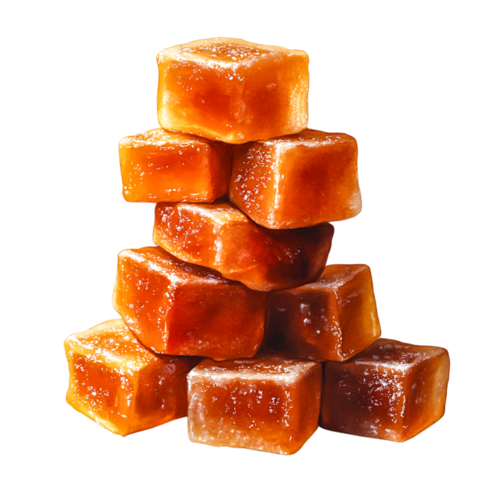 Stack of Glowing Caramel Cubes Standing on Top of Each Other in a Gourmet Display png