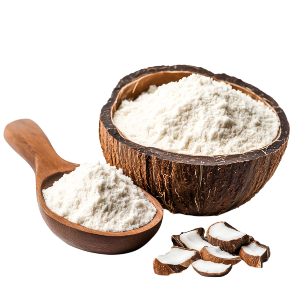 Coconut Flour in Wooden Bowl and Spoon with Coconut Slices on png