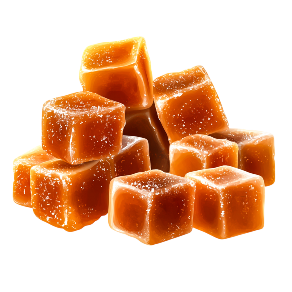 Fresh Caramel Cubes with Glaze and Sparkle White Surface png