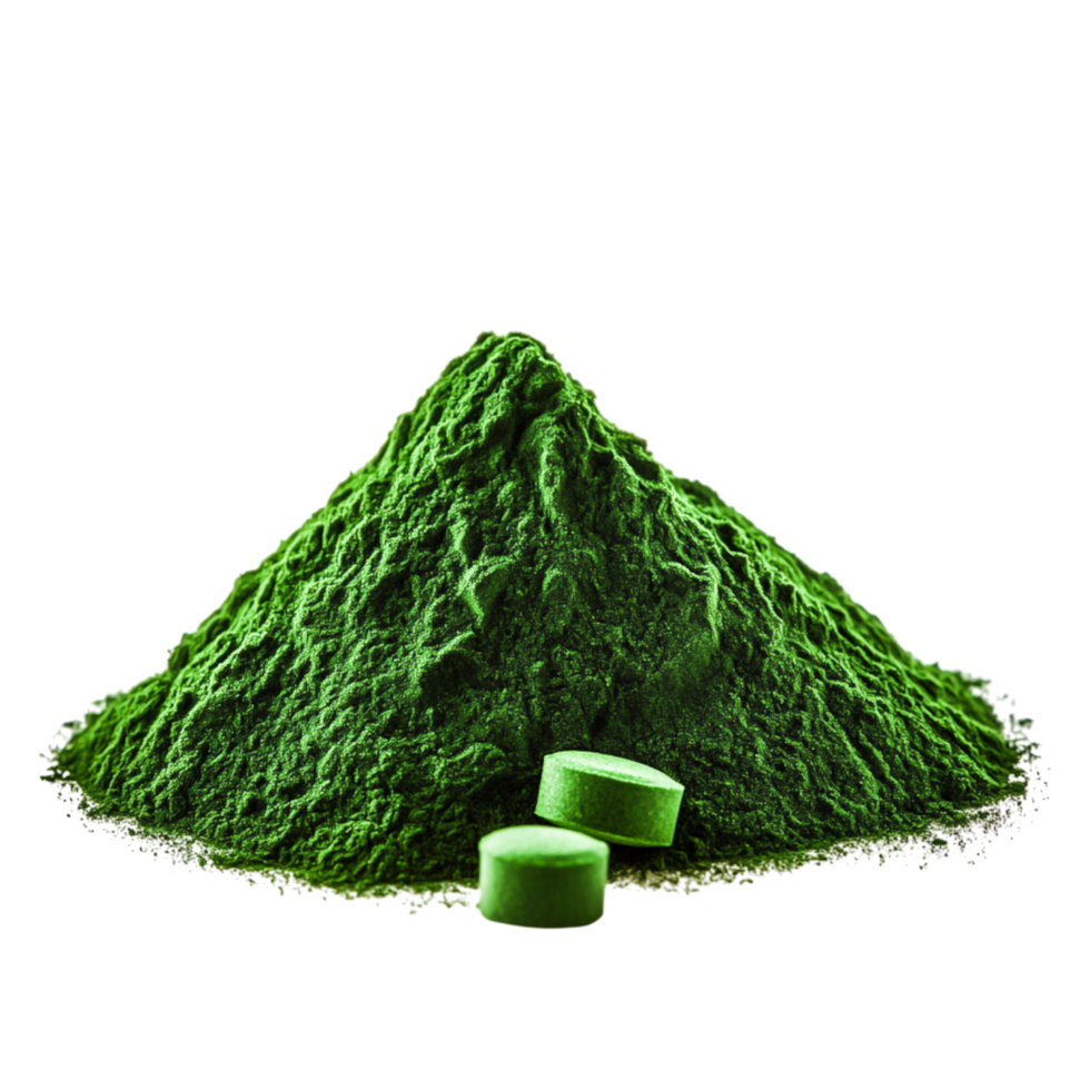 Green Powder and Tablets in Pile Background for Healthy Lifestyle Concepts png