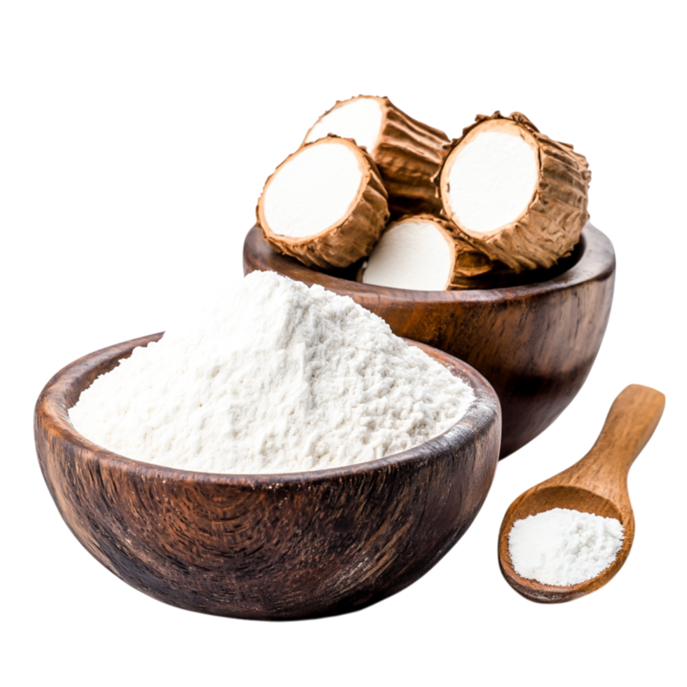 Fresh White Flour with Raw Roots in Wooden Bowl and Spoon on png
