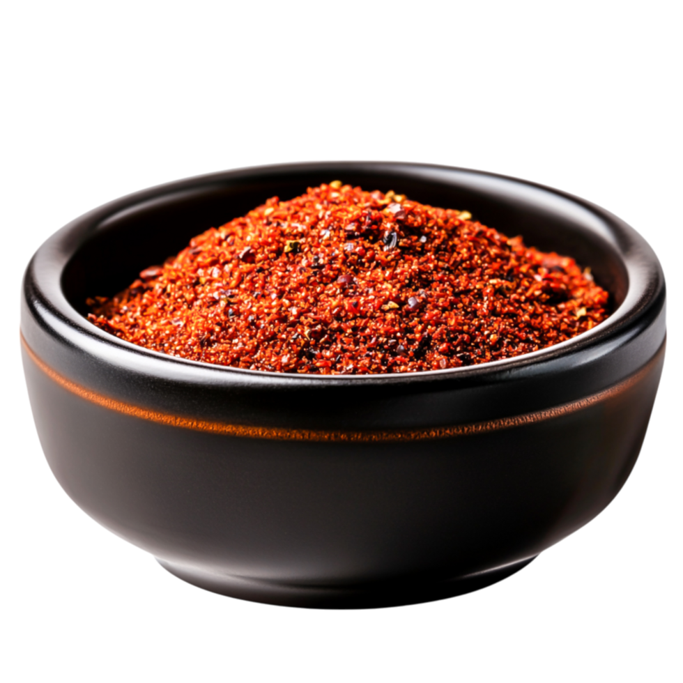 Vibrant Red Spice Blend in Elegant Black Bowl Against Simple Background png