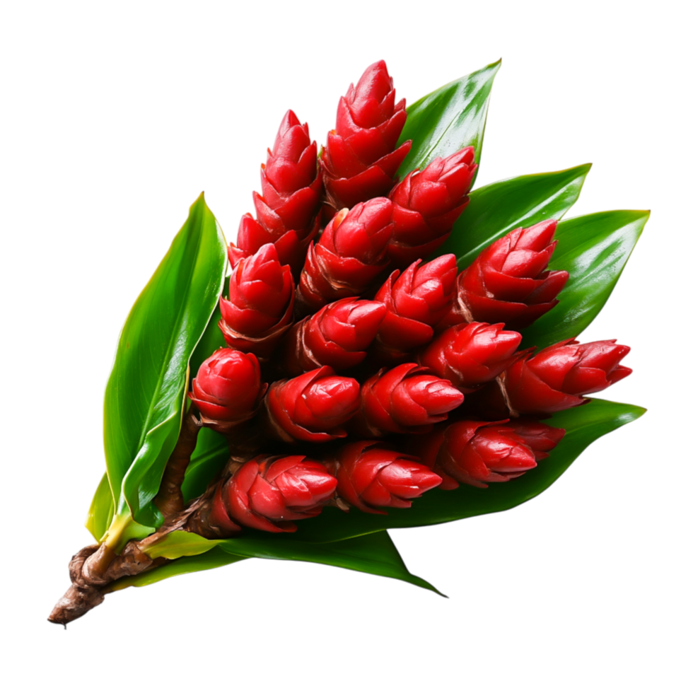 Vibrant Red Flower Cluster with Lush Green Leaves in Natural Light Setting png