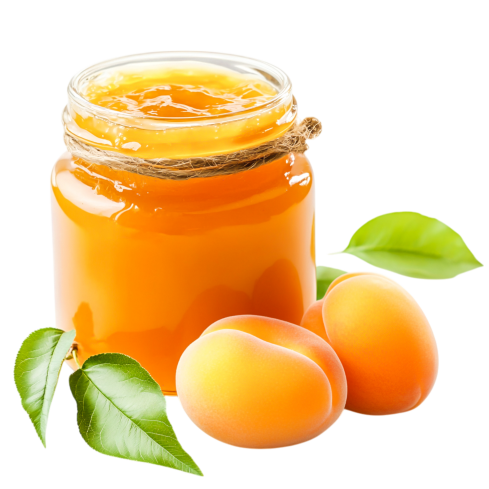 Fresh Organic Apricot Jam in Glass Jar with Juicy Fruits and Green Leaves png