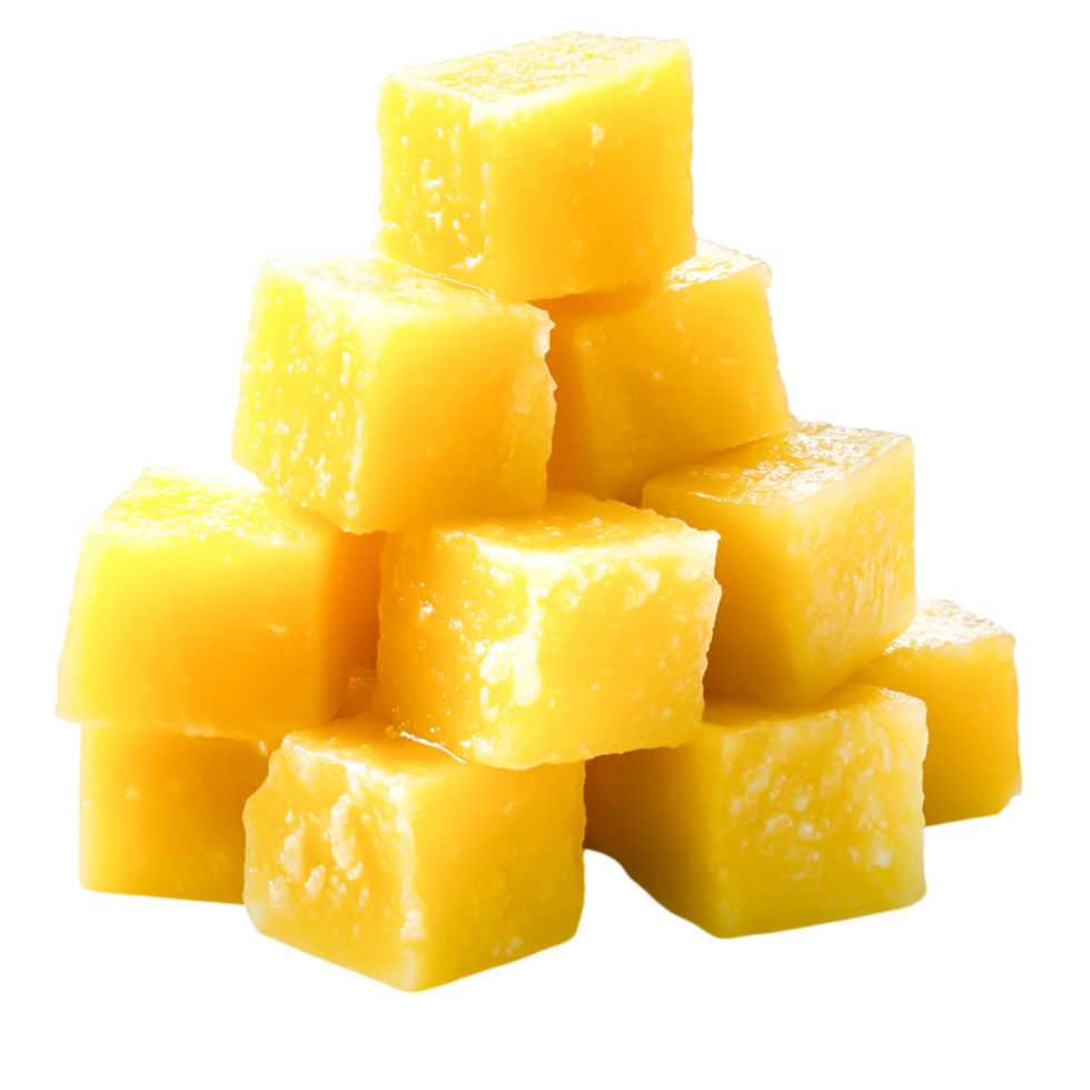 Bright Yellow Cubes of Fresh Mango Dessert Stacked for Refreshing Summer Delight png