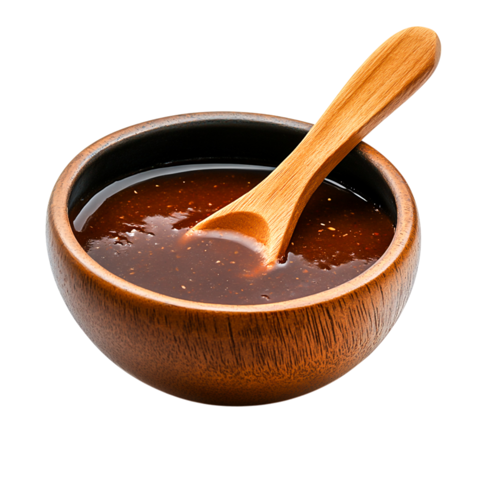 Wooden Bowl with Rich Dark Sauce and Spoon Background for Culinary Use png