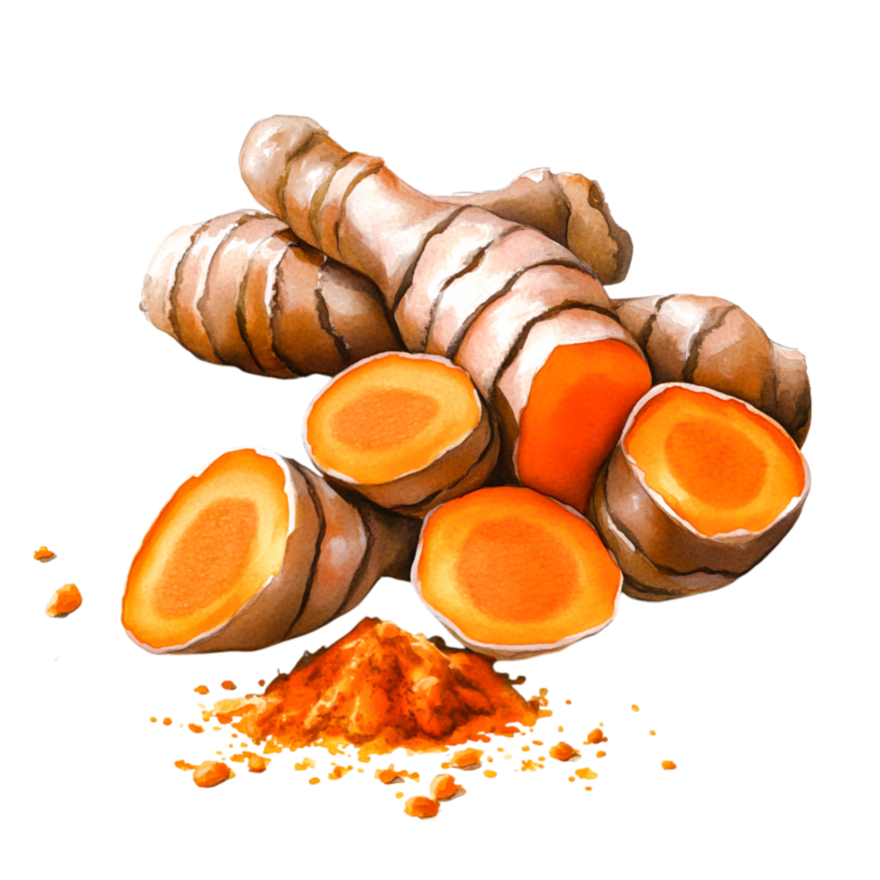 Fresh Turmeric Roots with Vibrant Orange Flesh and Ground Powder on png