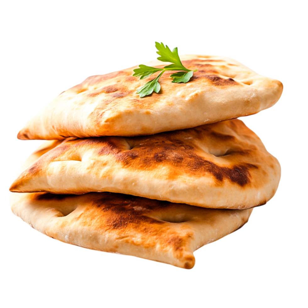 Freshly Baked Flatbreads Stacked on Bright Background with Green Herb Garnish png