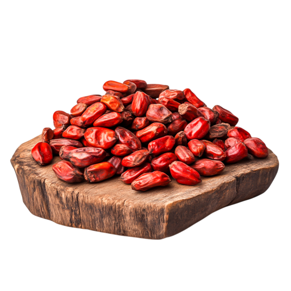 Fresh Bright Red Seeds Piled on Rustic Wooden Surface for Natural Still Life Photo png