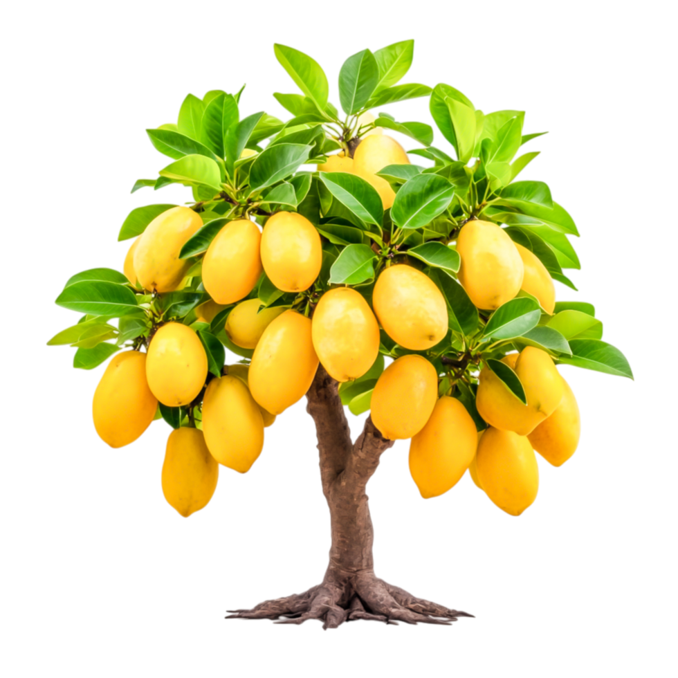 Lush Mango Tree with Ripe Yellow Mangoes Surrounded by Vibrant Green Leaves png
