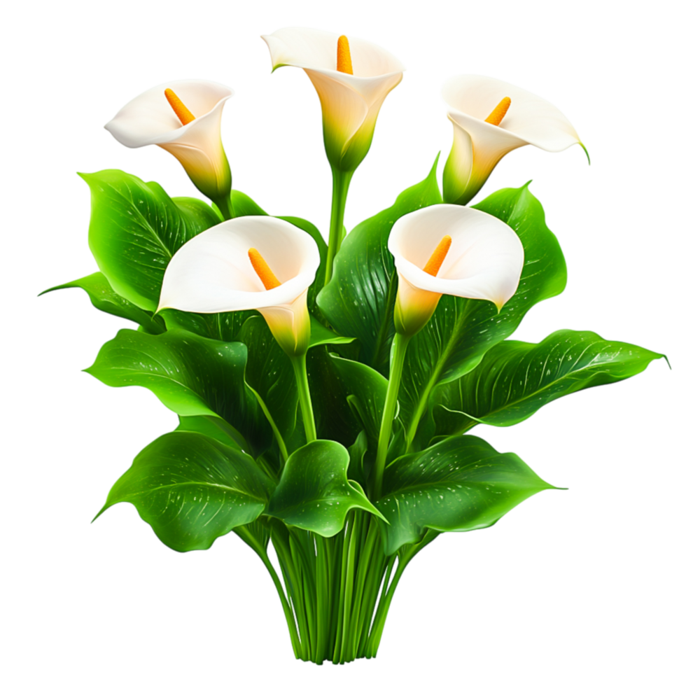 Elegant White Calla Lilies with Lush Green Leaves in a Beautiful Floral Arrangement png